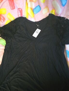 torrid Black V-Neck Short Sleeve Top with Lace Sleeves